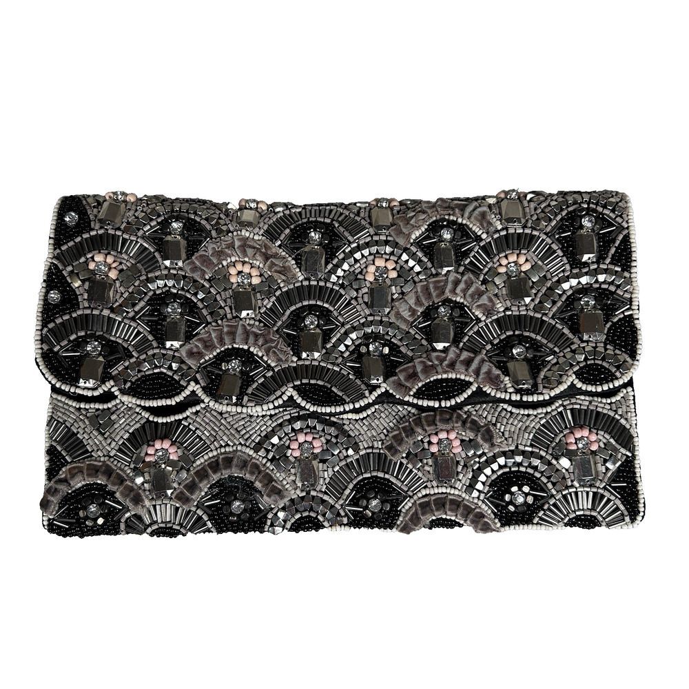 Ornate beaded OKPTA clutch snap closure velvet rhinestones and beads art-to-wear